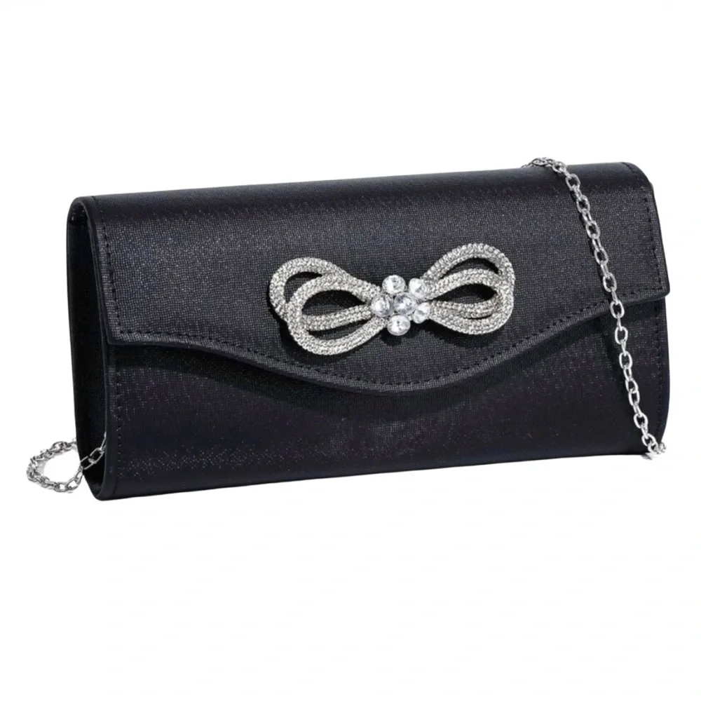 PURSE: Black & Silver Clutch w/Rhinestone Bow & Crossbody Chain, EUC
